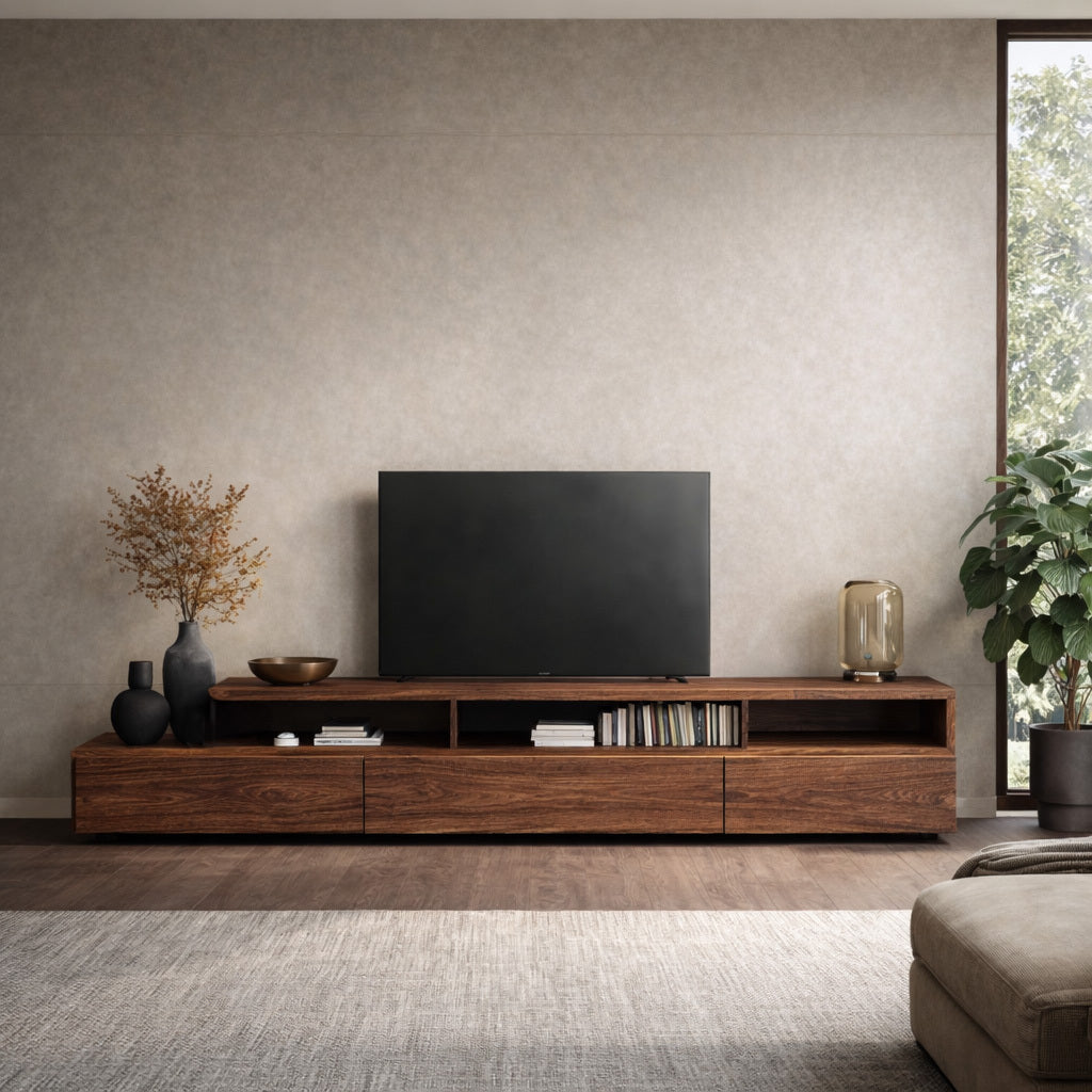 Low Solid Wood TV Console with Open Shelves and Cabinets - view 2