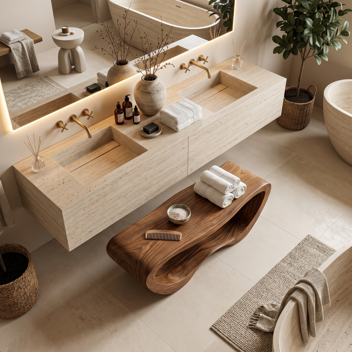 Solid Wood Organic Shower Bench with Open Towel Storage - view 3
