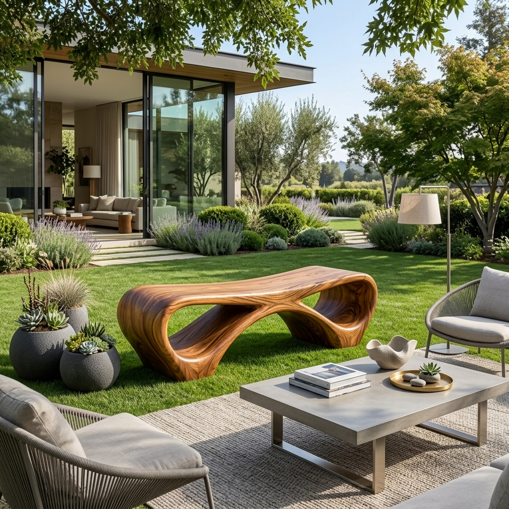 Curved Loop Solid Wood Outdoor Bench for Garden and Patio - view 2