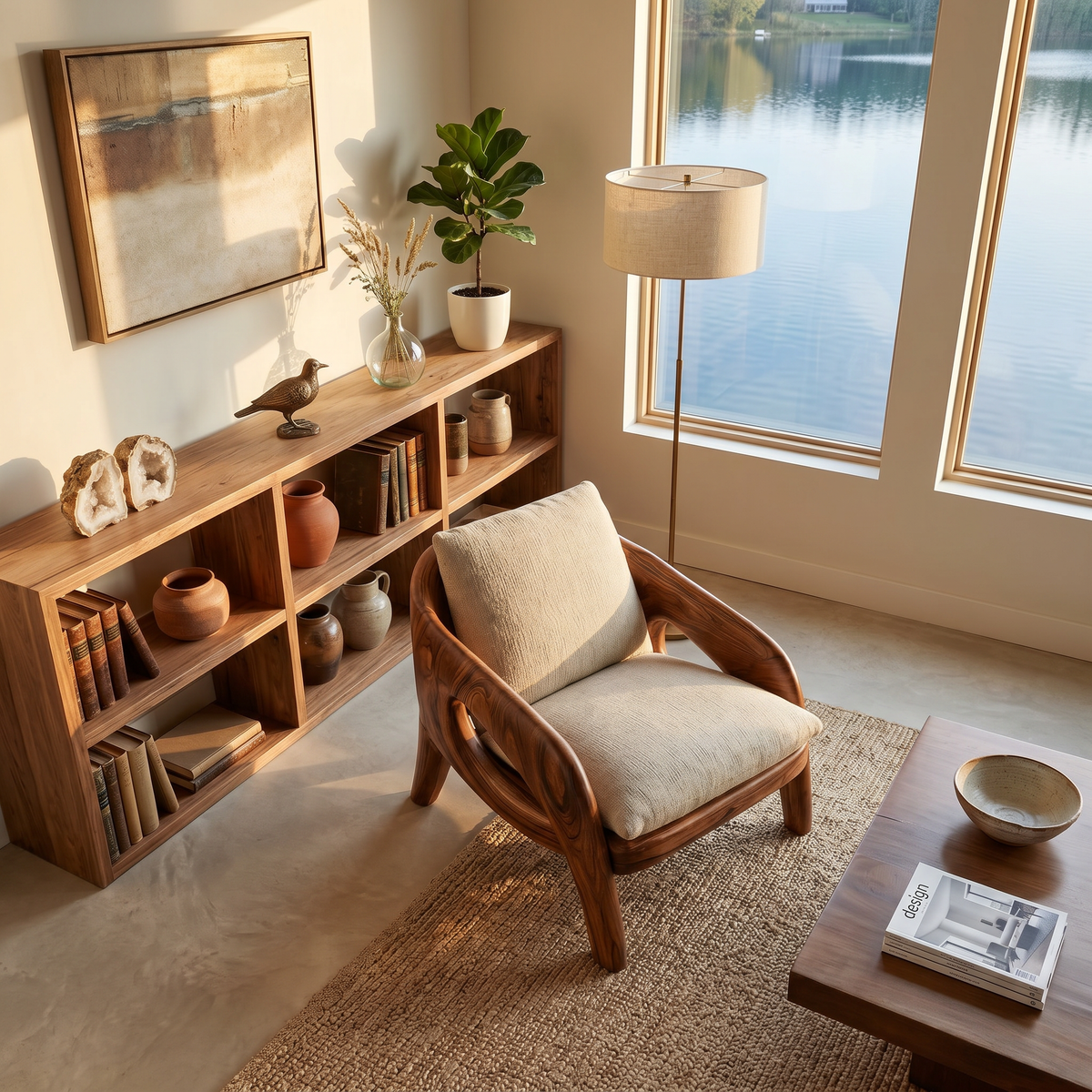 Sculptural Solid Wood Lounge Chair with Upholstered Seat - view 3