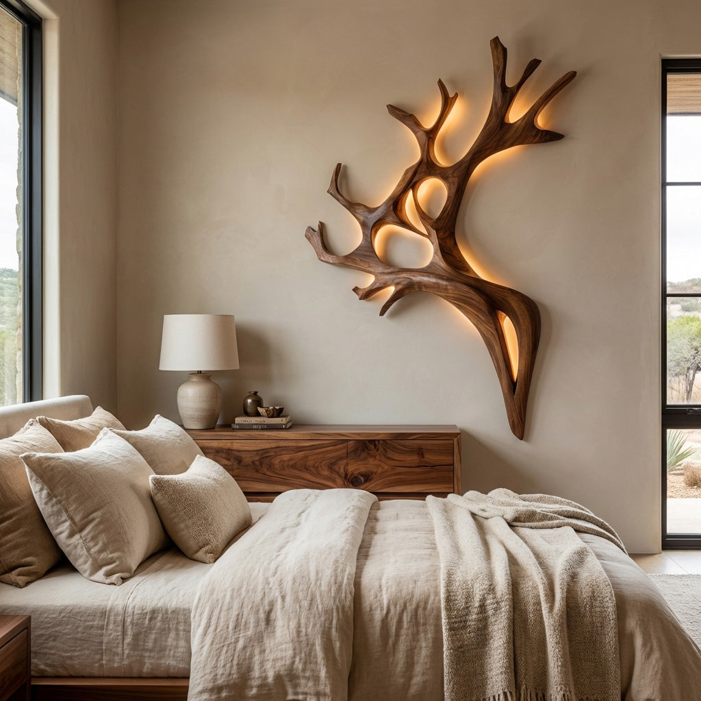 Sculptural Solid Wood Branch Wall Light with Warm Backlighting - view 2