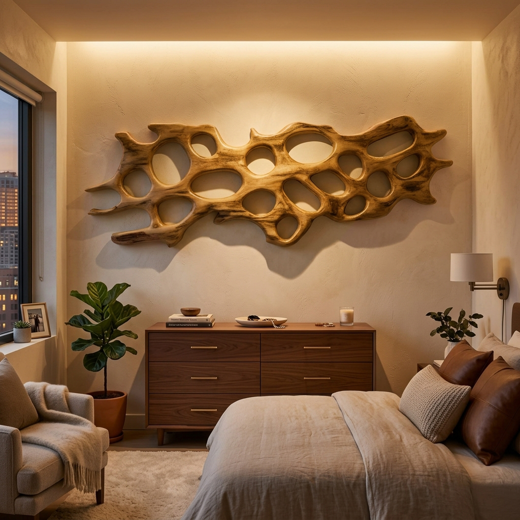 Carved Solid Wood Abstract Wall Sculpture with Organic Openings - view 3