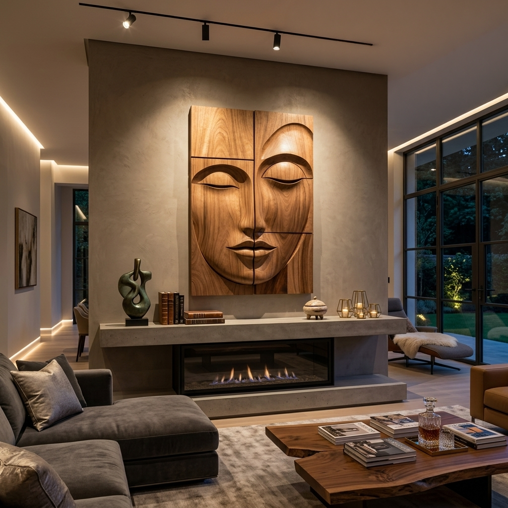 Carved Solid Wood Buddha Face Wall Art Panels - view 2