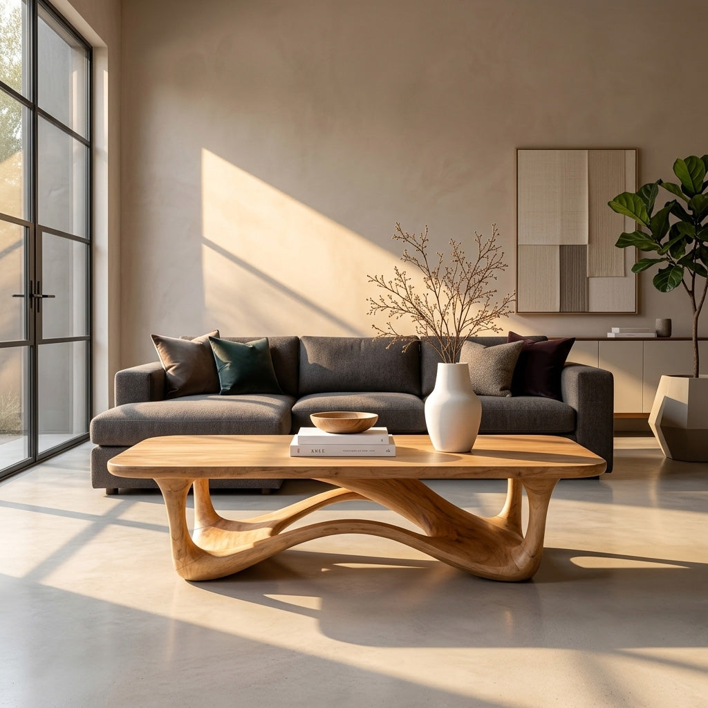 Sculptural Solid Wood Coffee Table with Curved Open Base - view 2