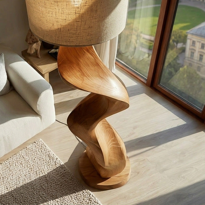 Sculptural Twisted Solid Wood Floor Lamp with Fabric Shade - view 2