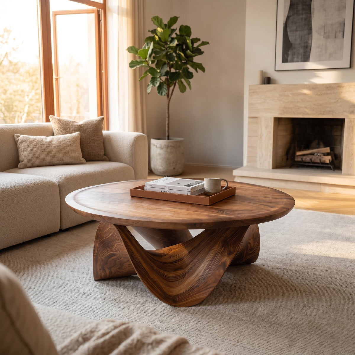 Round Solid Wood Coffee Table with Flowing Sculptural Base - view 2