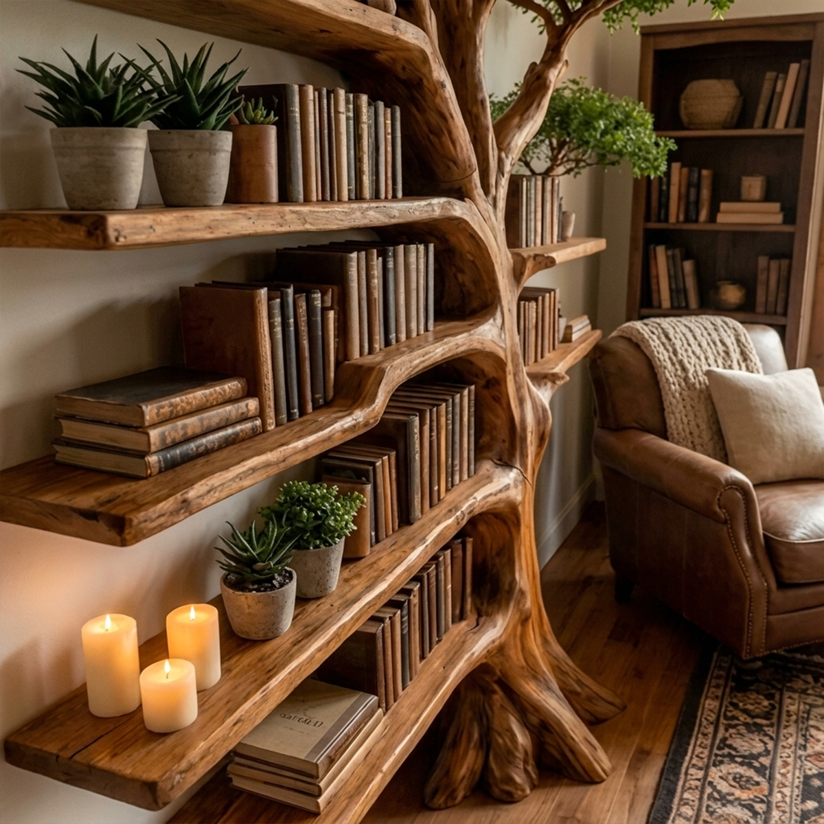 Solid Wood Tree Bookcase with Built-In Reading Bench - view 2