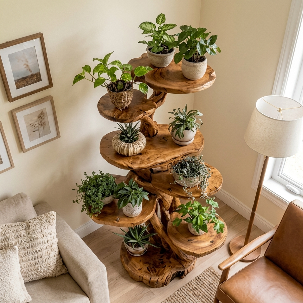 Rustic Solid Wood Tree Plant Shelf with Branch Display Surfaces - view 3