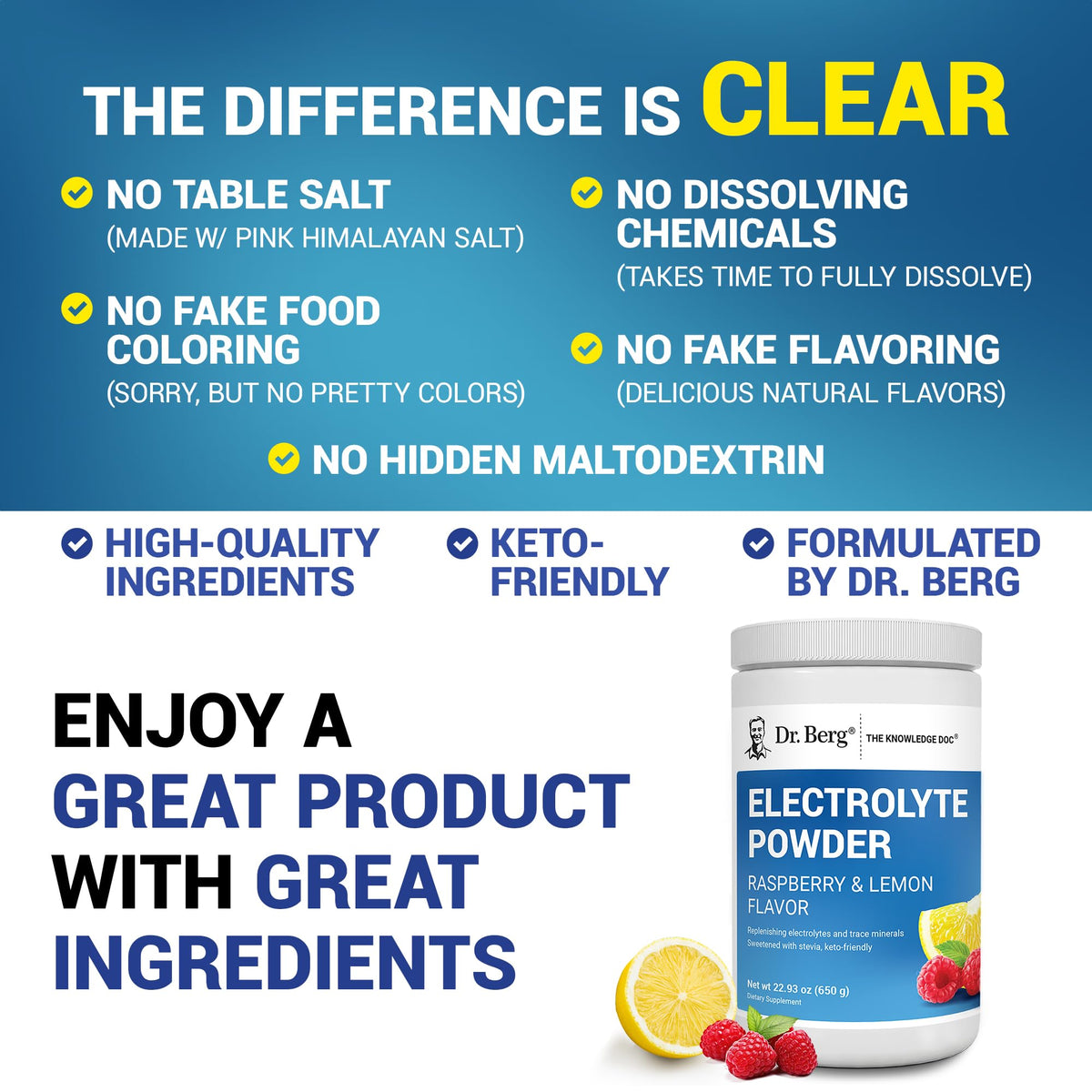 Dr. Berg Zero Sugar Hydration Keto Electrolyte Powder - Enhanced w/ 1000 mg of Potassium & Real Pink Himalayan Salt (NOT Table Salt) - Raspberry &