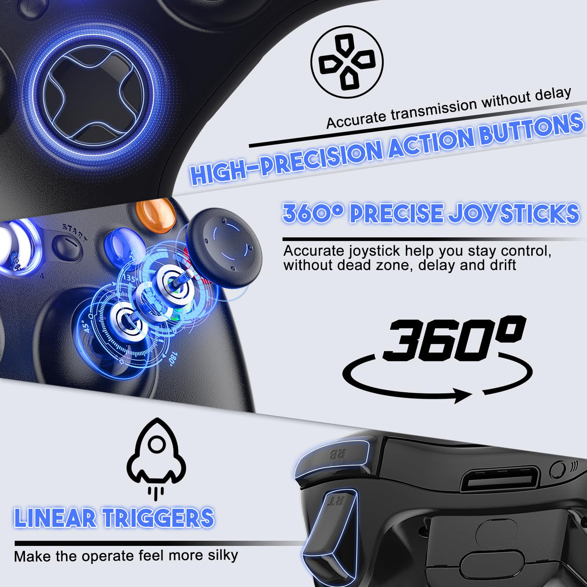 Gamrombo 2 Pack Replacement for Xbox 360 Controller, Wireless Controllers Gamepad Upgraded Joystick Compatible with 360 & Slim, Windows 11/10/8/7 PC