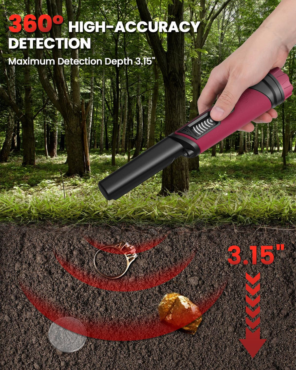 Metal Detector Pinpointer, IP68 Fully Waterproof Underwater Pinpointer Metal Detector with LCD Screen & LED Light 360° Accurate High-Sensitivity