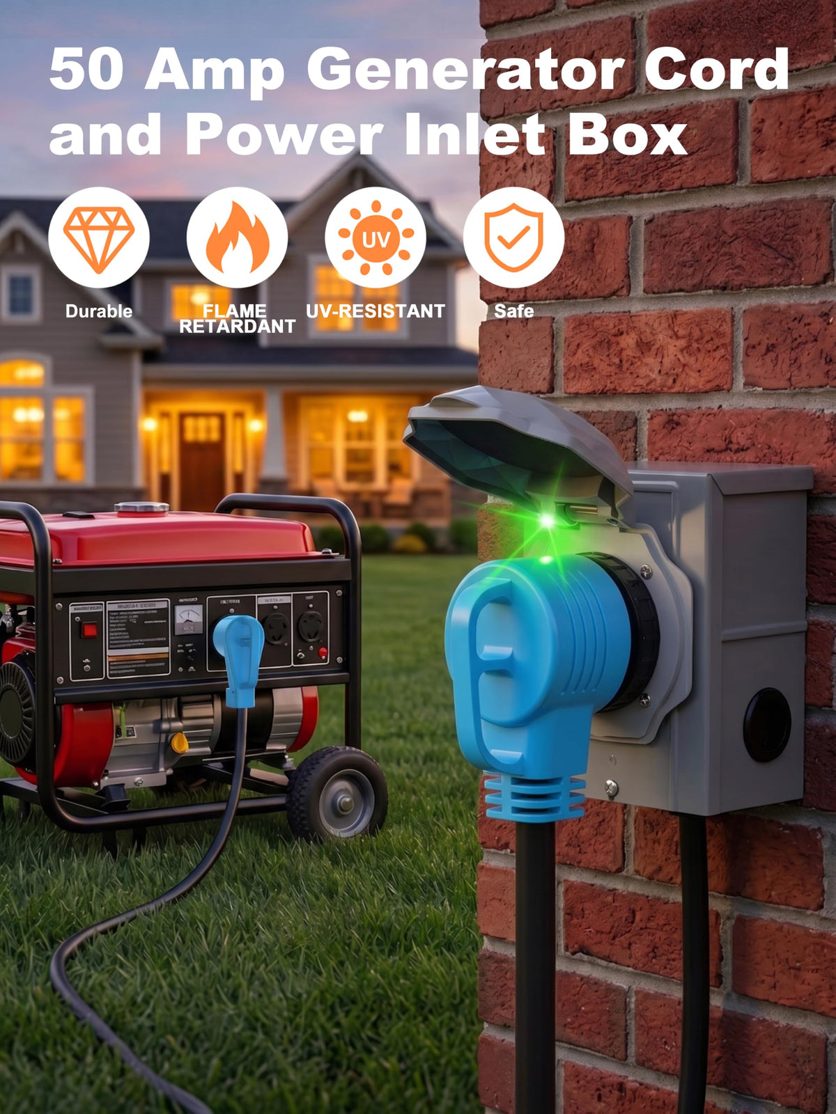 50 Amp 25 Feet Generator Cord and Power Inlet Box Combo Kit