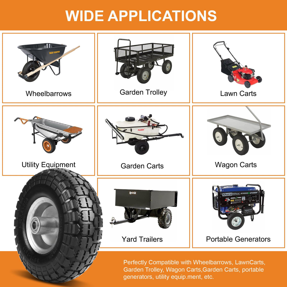 10" Solid Tires, 4.10/3.50-4 Tire and Wheel Flat Free, Gorilla Cart Tires Replacement, 4-Pack Solid Rubber Wheels with 5/8" Axle for Hand Trucks