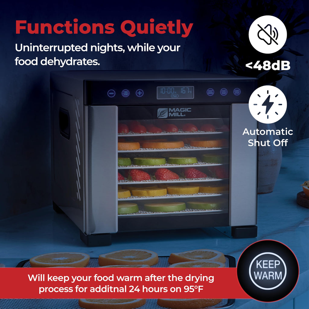 Magic Mill Pro Food Dehydrator Machine | Powerful 600W Rear Fan Even-Drying System | 7 Full-Size Stainless Steel Trays | 95°-176° Temperature Control