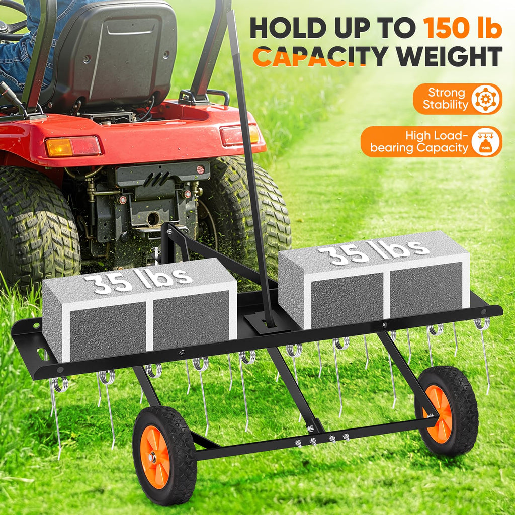 48-Inch Tow Behind Dethatcher, Pull Behind Lawn Dethatcher with 20 Spring Steel Tines, Lawn Grass Dethatcher Tractor Rake, Adjustable Hitch Riding