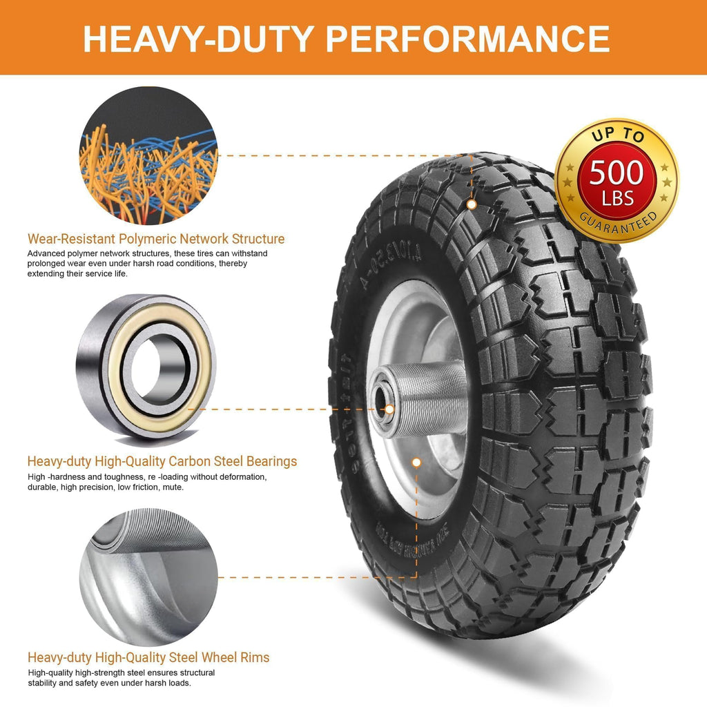 10" Solid Tires, 4.10/3.50-4 Tire and Wheel Flat Free, Gorilla Cart Tires Replacement, 4-Pack Solid Rubber Wheels with 5/8" Axle for Hand Trucks