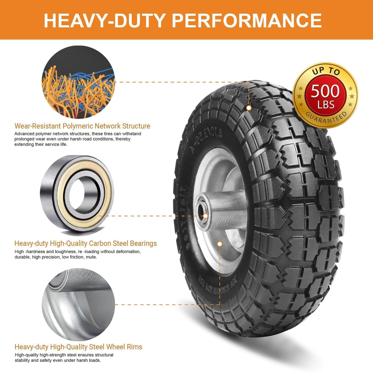 10" Solid Tires, 4.10/3.50-4 Tire and Wheel Flat Free, Gorilla Cart Tires Replacement, 4-Pack Solid Rubber Wheels with 5/8" Axle for Hand Trucks