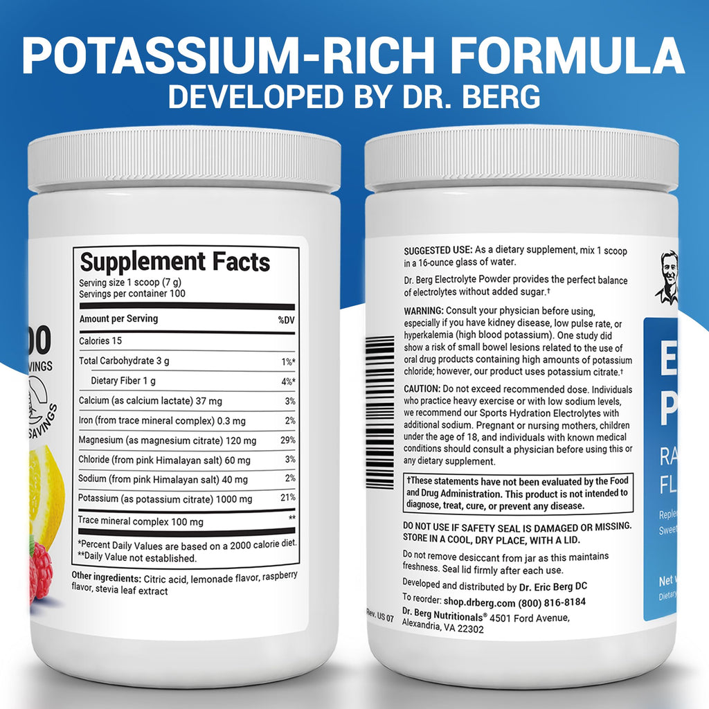 Dr. Berg Zero Sugar Hydration Keto Electrolyte Powder - Enhanced w/ 1000 mg of Potassium & Real Pink Himalayan Salt (NOT Table Salt) - Raspberry &