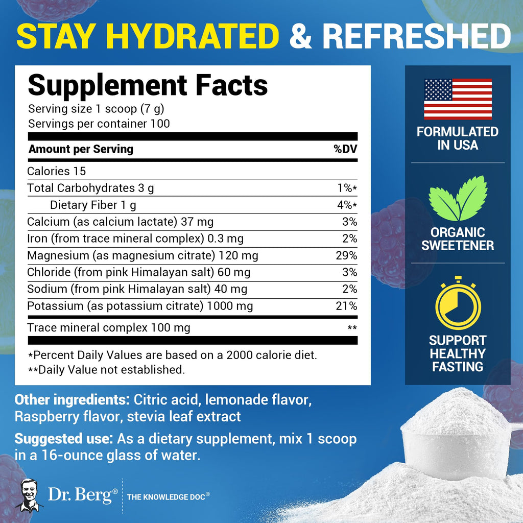 Dr. Berg Zero Sugar Hydration Keto Electrolyte Powder - Enhanced w/ 1000 mg of Potassium & Real Pink Himalayan Salt (NOT Table Salt) - Raspberry &
