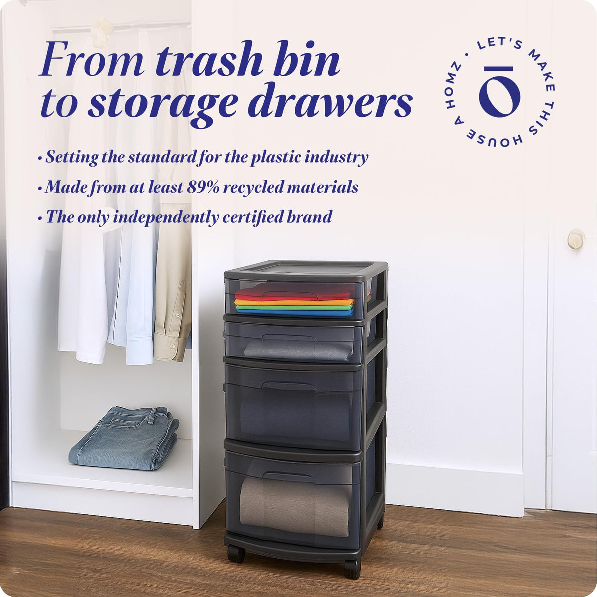 HOMZ Drawer Tower, 4-Tier Storage Cart with Removable Wheels, Black Frame