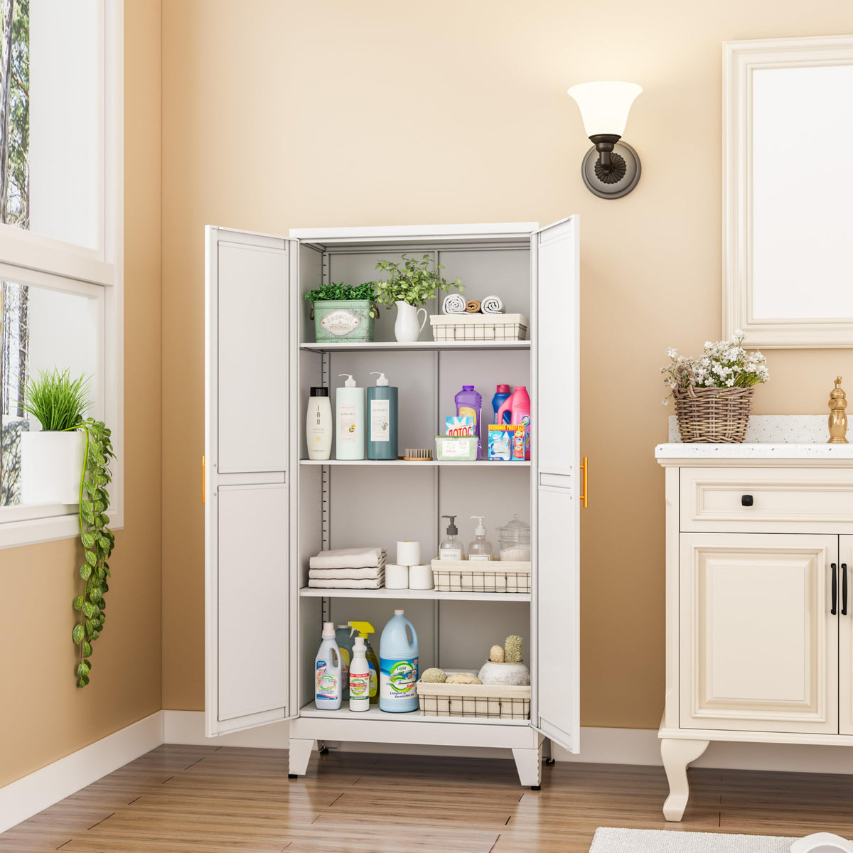 Metal Pantry Cabinet, Kitchen Pantry Storage Cabinets with 2 Door