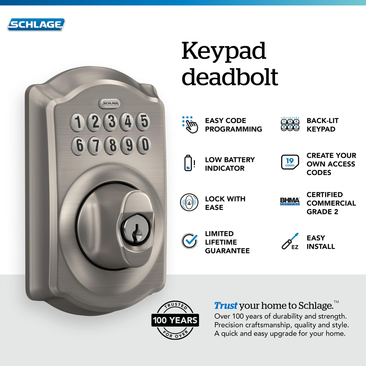 Schlage Electronic Keypad Deadbolt Lock, Camelot Trim, Satin Nickel