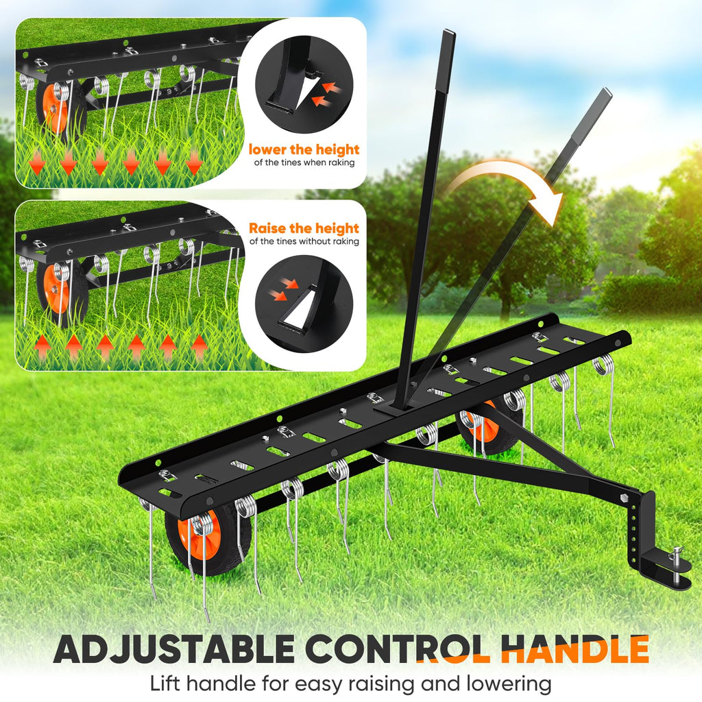 48-Inch Tow Behind Dethatcher, Pull Behind Lawn Dethatcher with 20 Spring Steel Tines, Lawn Grass Dethatcher Tractor Rake, Adjustable Hitch Riding