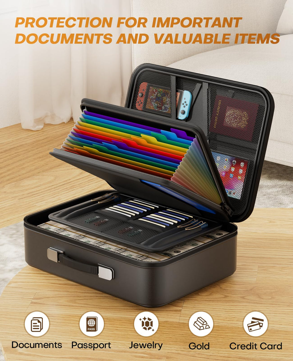 Fireproof Document Box with Lock, Hard Case Safe Box Water Resistant Document Organizer for Important Documents, Passports, Certificates & Cash
