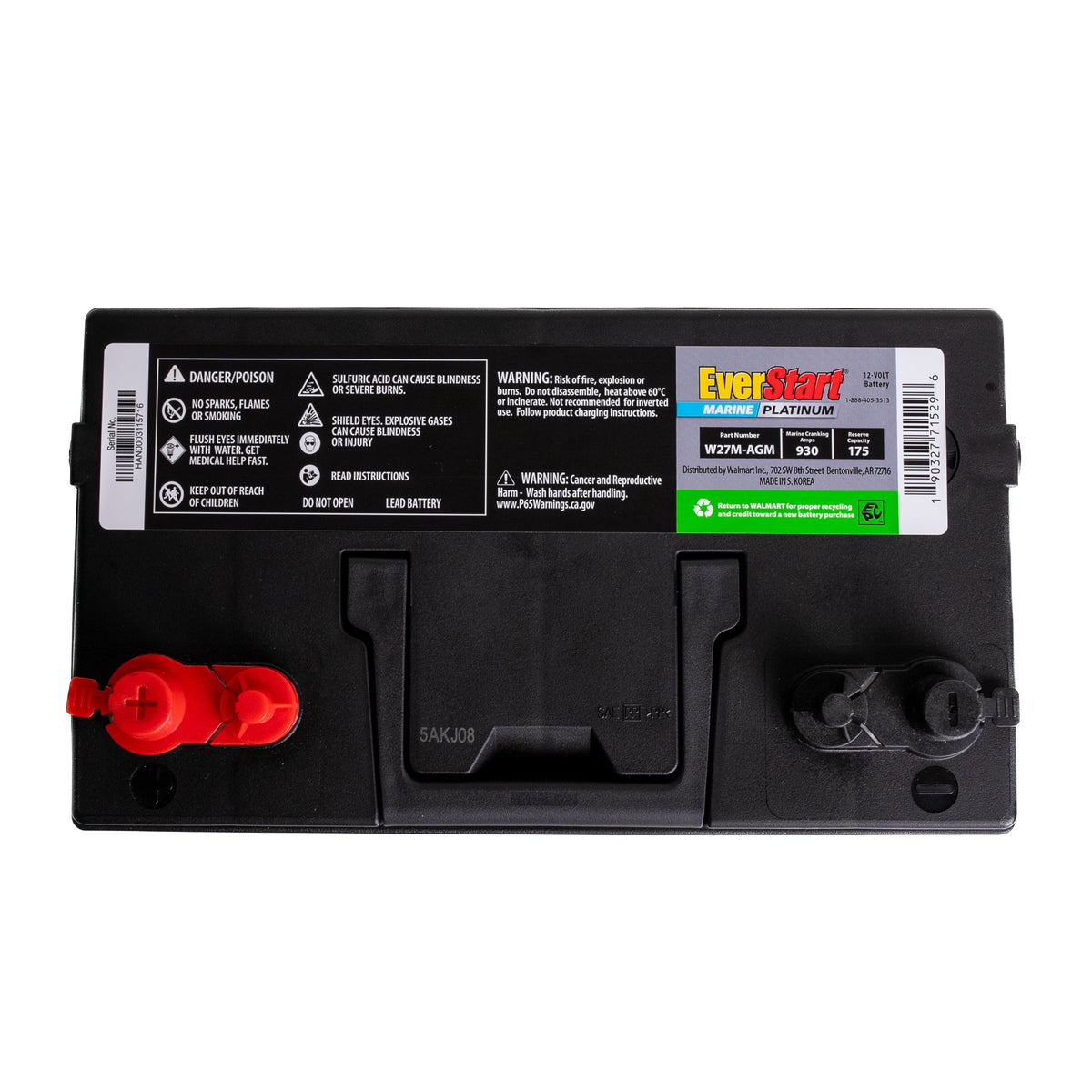 EverStart Platinum AGM Marine Deep Cycle Battery, Group 27M, 930 MCA, 175 RC, 12V