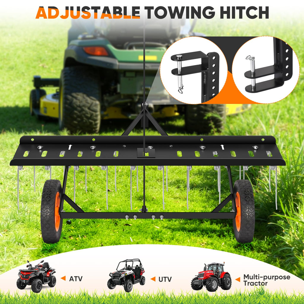 48-Inch Tow Behind Dethatcher, Pull Behind Lawn Dethatcher with 20 Spring Steel Tines, Lawn Grass Dethatcher Tractor Rake, Adjustable Hitch Riding