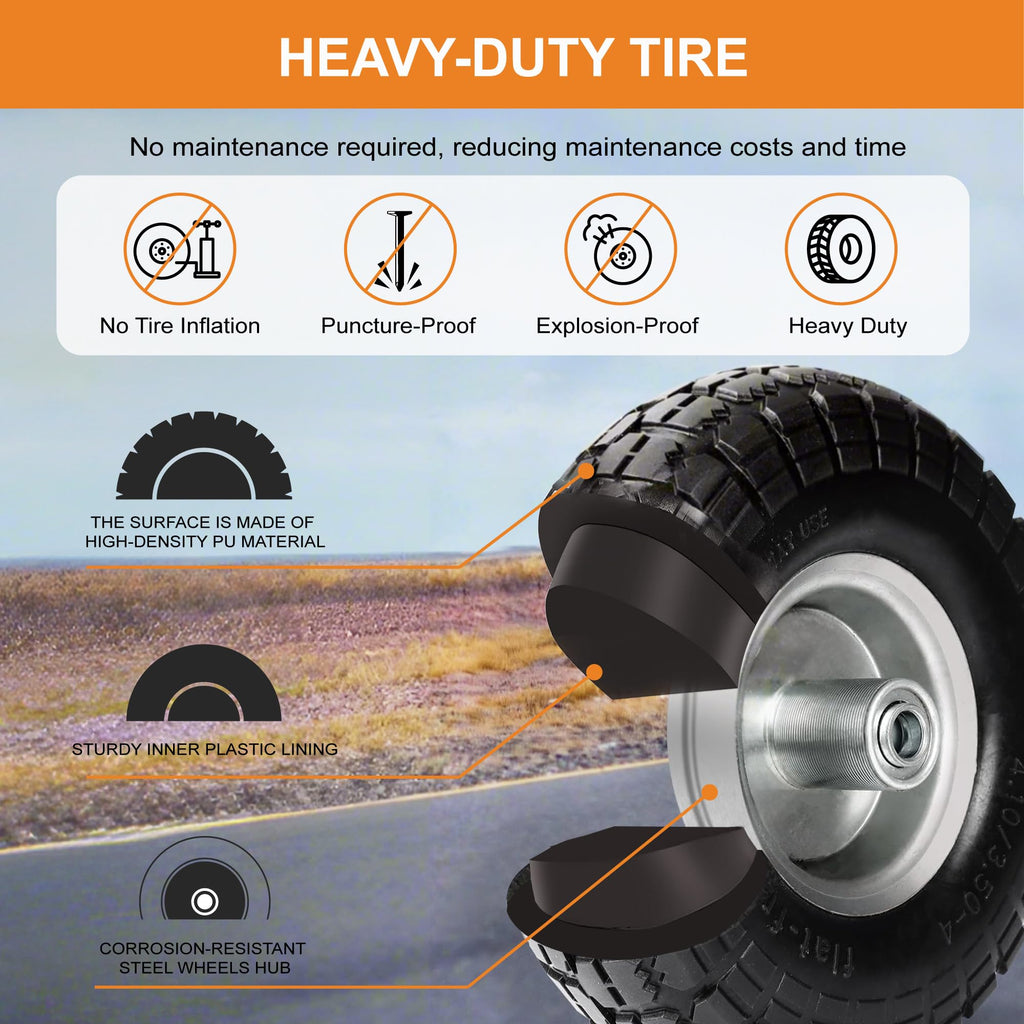 10" Solid Tires, 4.10/3.50-4 Tire and Wheel Flat Free, Gorilla Cart Tires Replacement, 4-Pack Solid Rubber Wheels with 5/8" Axle for Hand Trucks