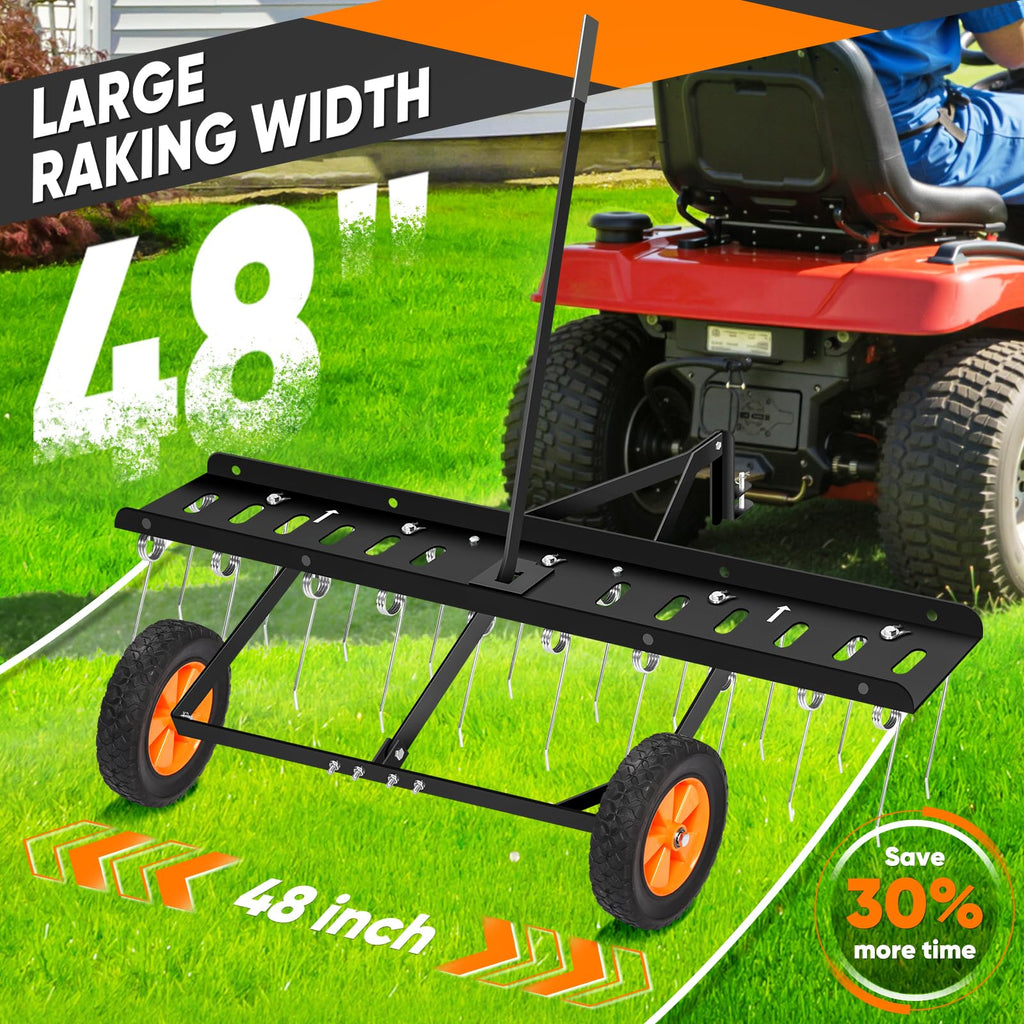48-Inch Tow Behind Dethatcher, Pull Behind Lawn Dethatcher with 20 Spring Steel Tines, Lawn Grass Dethatcher Tractor Rake, Adjustable Hitch Riding