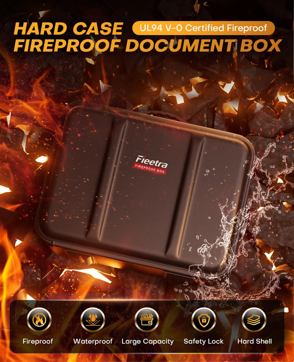Fireproof Document Box with Lock, Hard Case Safe Box Water Resistant Document Organizer for Important Documents, Passports, Certificates & Cash