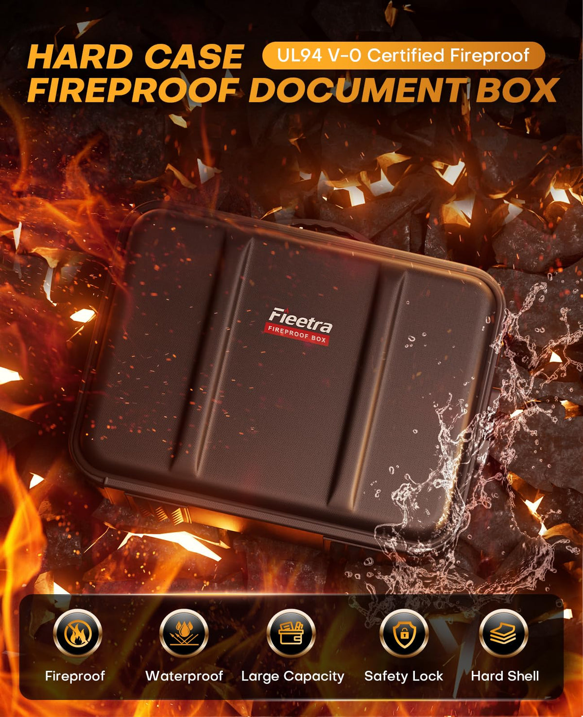 Fireproof Document Box with Lock, Hard Case Safe Box Water Resistant Document Organizer for Important Documents, Passports, Certificates & Cash