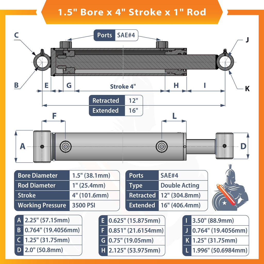1.5x4 Hydraulic Cylinder - 1.5" Bore 4" Stroke Double Acting Welded Cross Tube Hydraulic Cylinder 3500 PSI Retracted: 12, Extended: 16,SAE#4