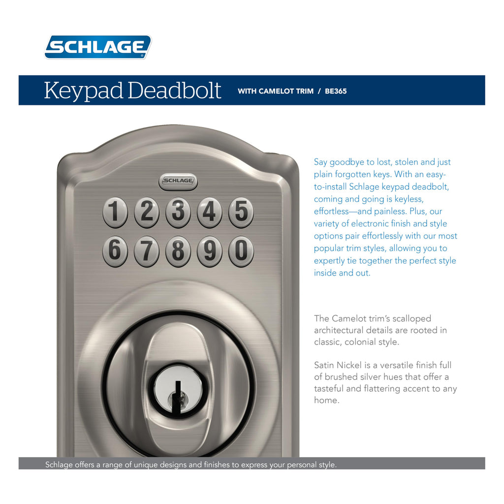 Schlage Electronic Keypad Deadbolt Lock, Camelot Trim, Satin Nickel