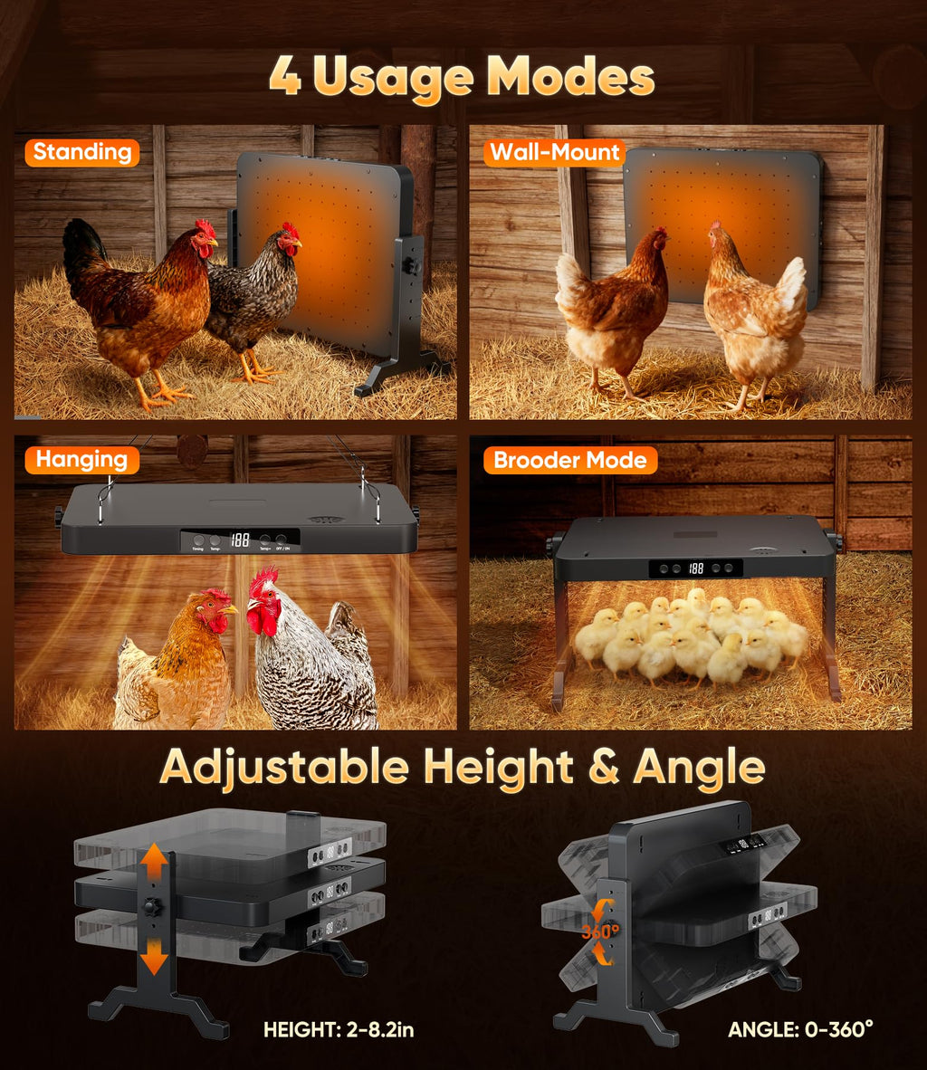 Smart Chicken Coop Heater, 200W Radiant Heat Panel, Adjustable Temp & Timer