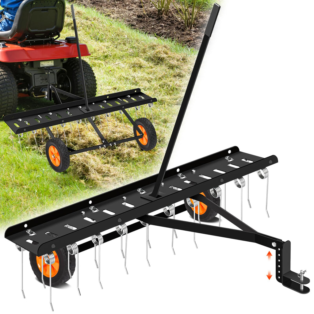 48-Inch Tow Behind Dethatcher, Pull Behind Lawn Dethatcher with 20 Spring Steel Tines, Lawn Grass Dethatcher Tractor Rake, Adjustable Hitch Riding