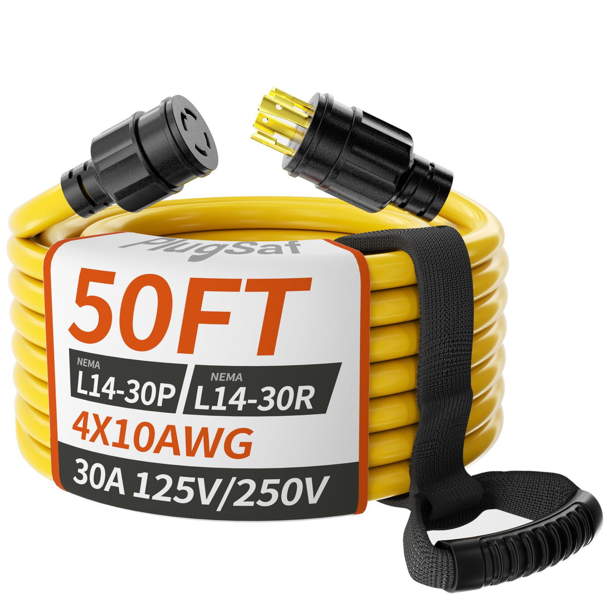 PlugSaf 50FT 30 Amp Generator Cord 4 Prong, 10AWG 125/250V 3750/7500W STW
