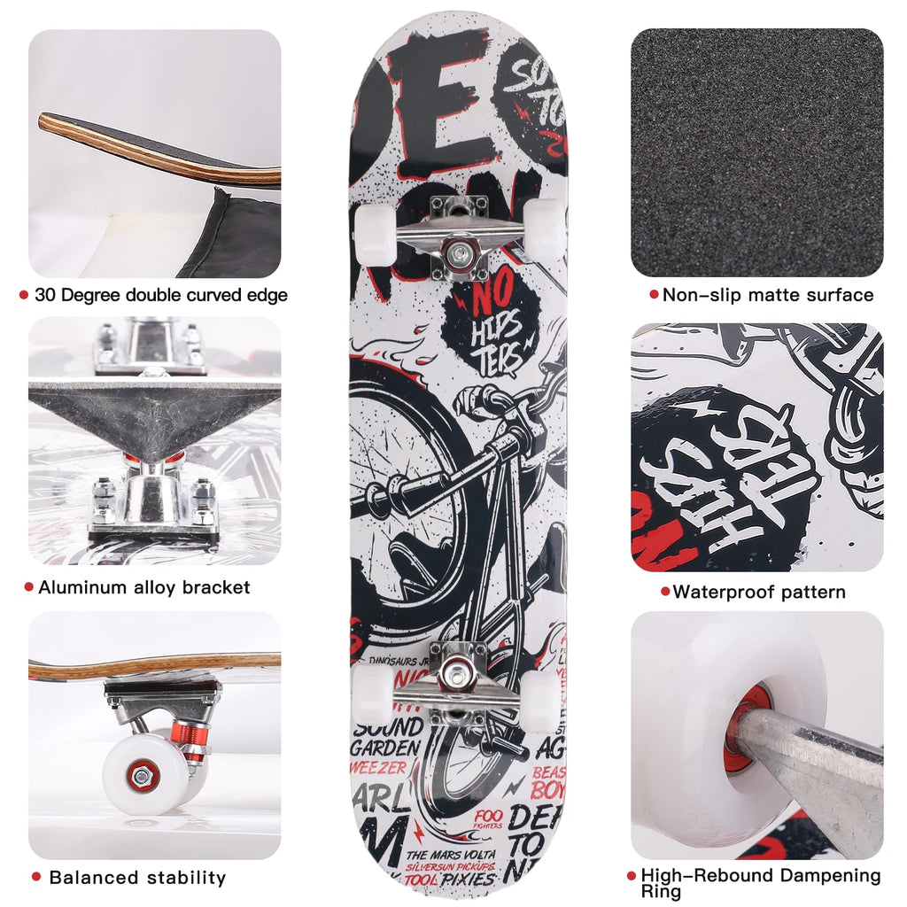 31 Inch Complete Skateboard for Beginners, Kids, Teens & Adults, Cartoon Double Kick 9-Layer Maple Deck,97A PU Wheels, Fully Assembled for Skate Park