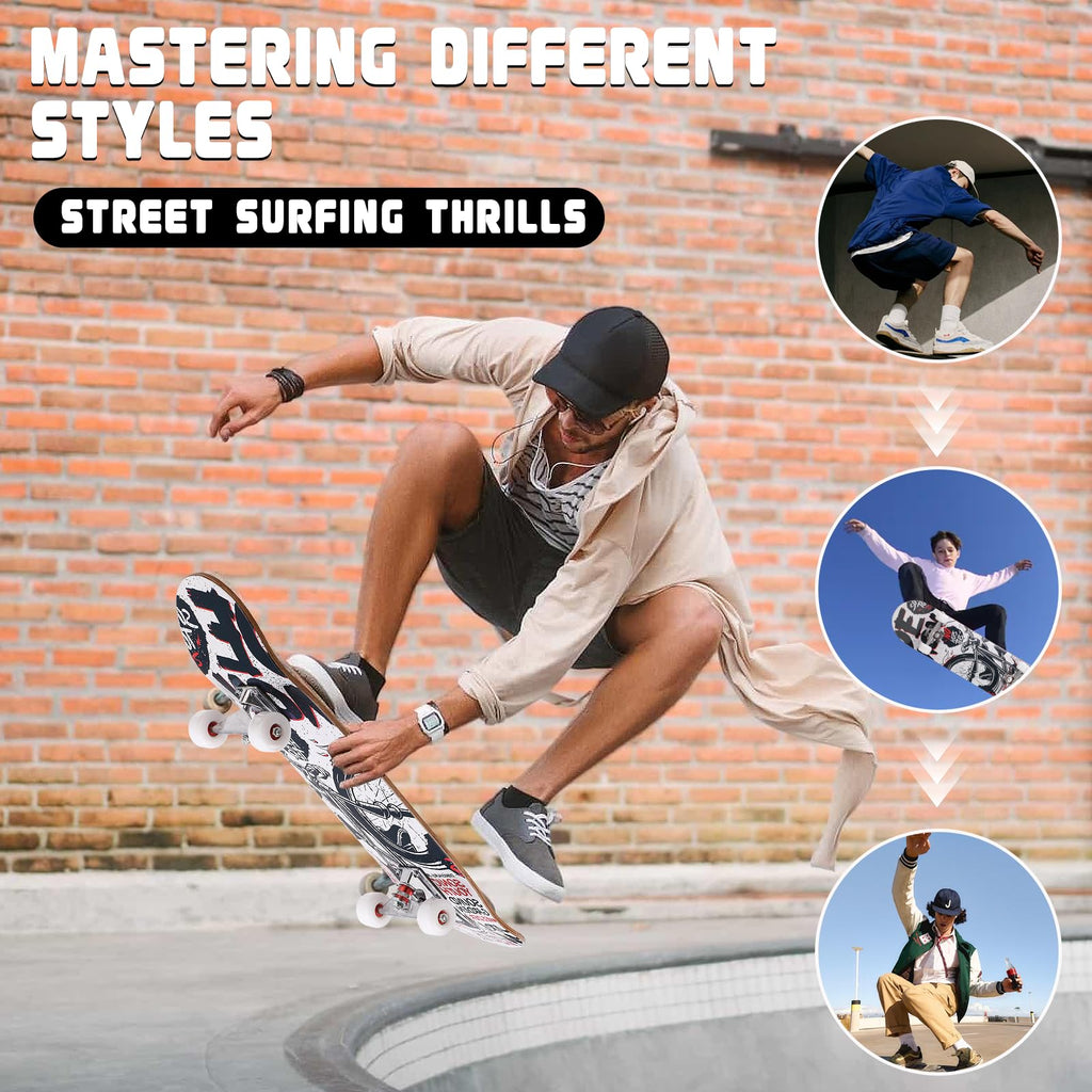 31 Inch Complete Skateboard for Beginners, Kids, Teens & Adults, Cartoon Double Kick 9-Layer Maple Deck,97A PU Wheels, Fully Assembled for Skate Park