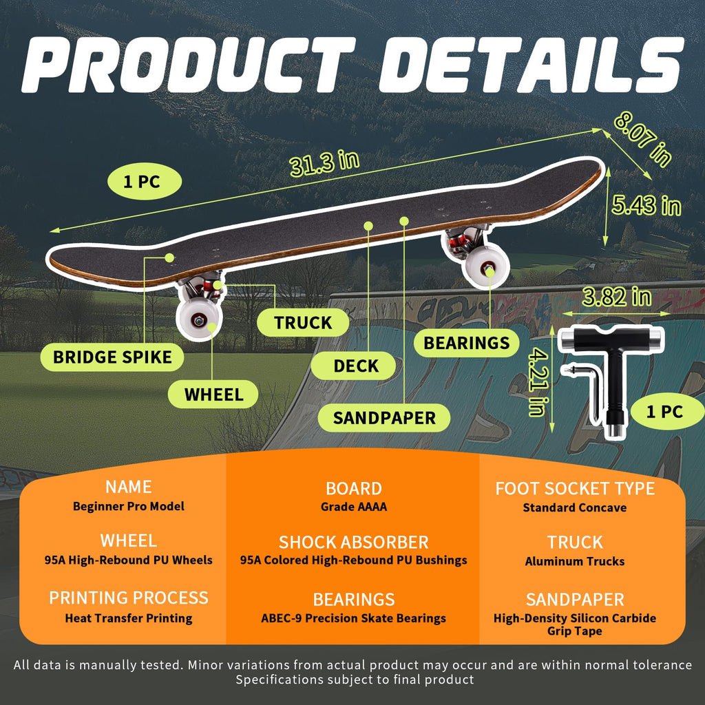 31 Inch Complete Skateboard for Beginners, Kids, Teens & Adults, Cartoon Double Kick 9-Layer Maple Deck,97A PU Wheels, Fully Assembled for Skate Park