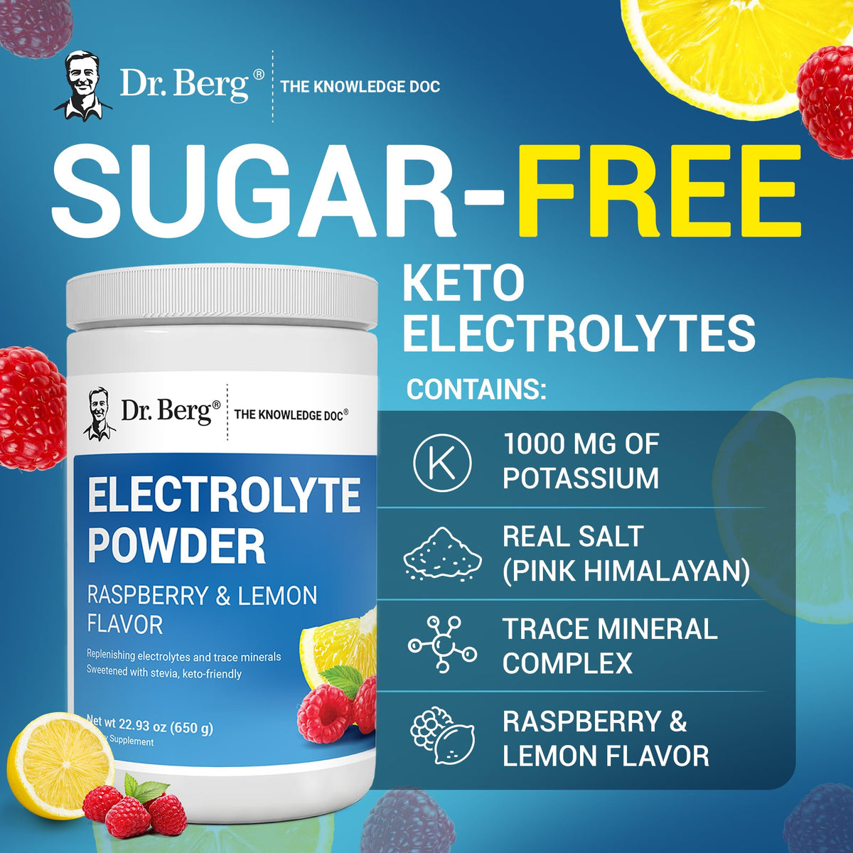 Dr. Berg Zero Sugar Hydration Keto Electrolyte Powder - Enhanced w/ 1000 mg of Potassium & Real Pink Himalayan Salt (NOT Table Salt) - Raspberry &