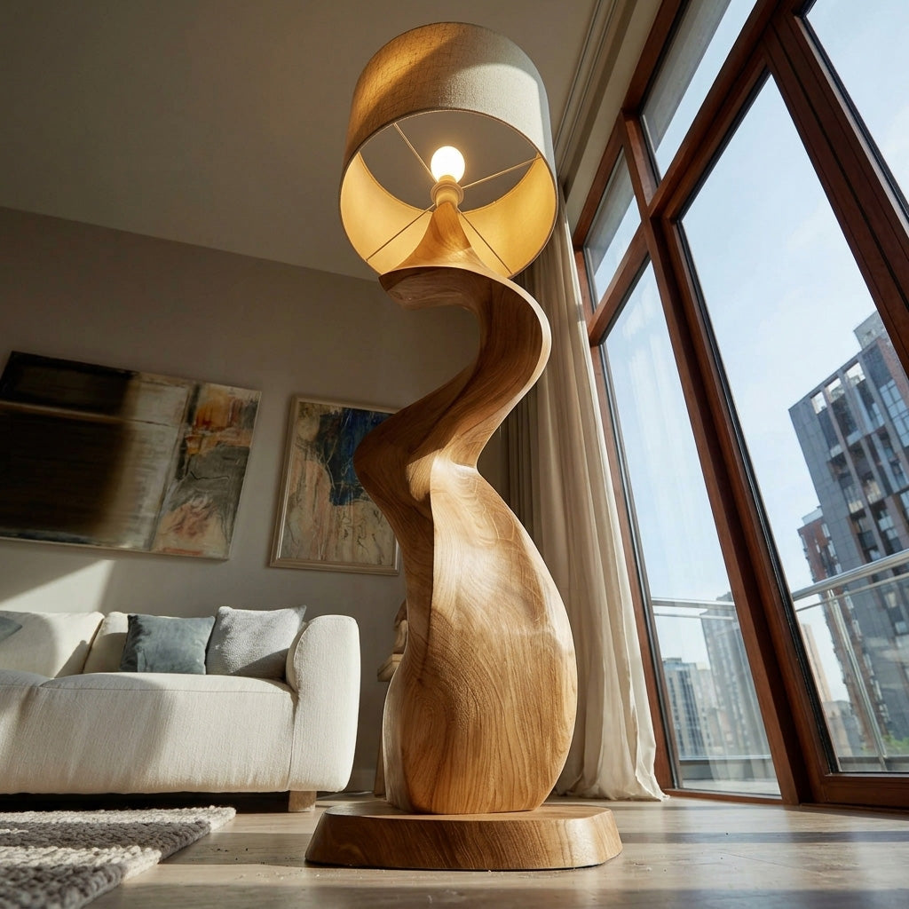 Sculptural Twisted Solid Wood Floor Lamp with Fabric Shade - view 3