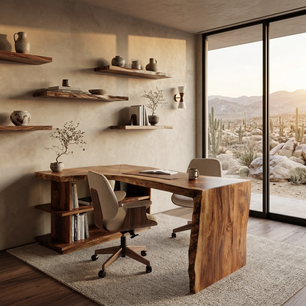 Solid Wood L-Shaped Desk with Built-In Bookshelf and Live Edge - view 3