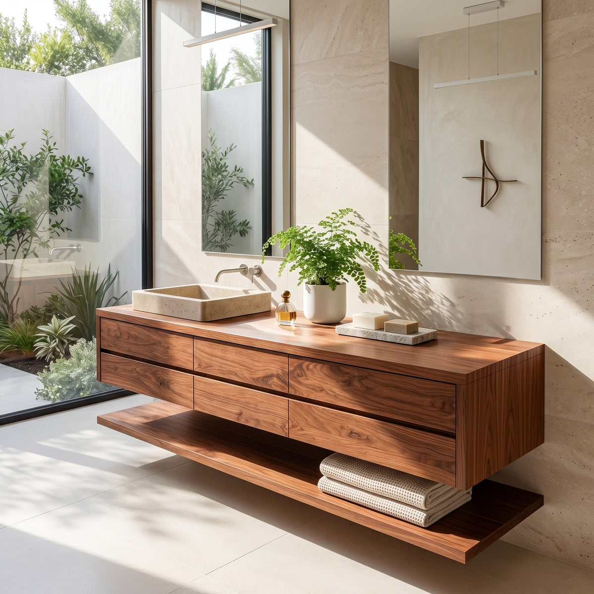 Contemporary Floating Solid Wood Bathroom Vanity with Drawers - view 2
