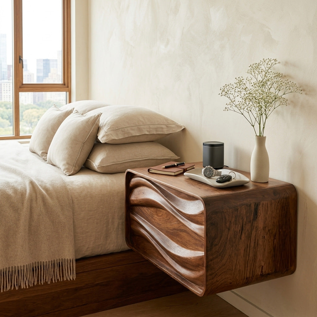Floating Wall Mounted Nightstand with Carved Wave Drawer - view 3