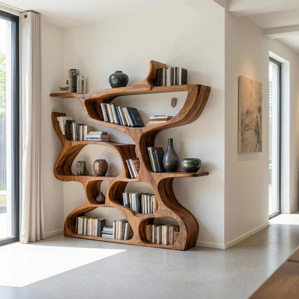 Organic Carved Solid Wood Bookshelf with Open Compartments - view 3