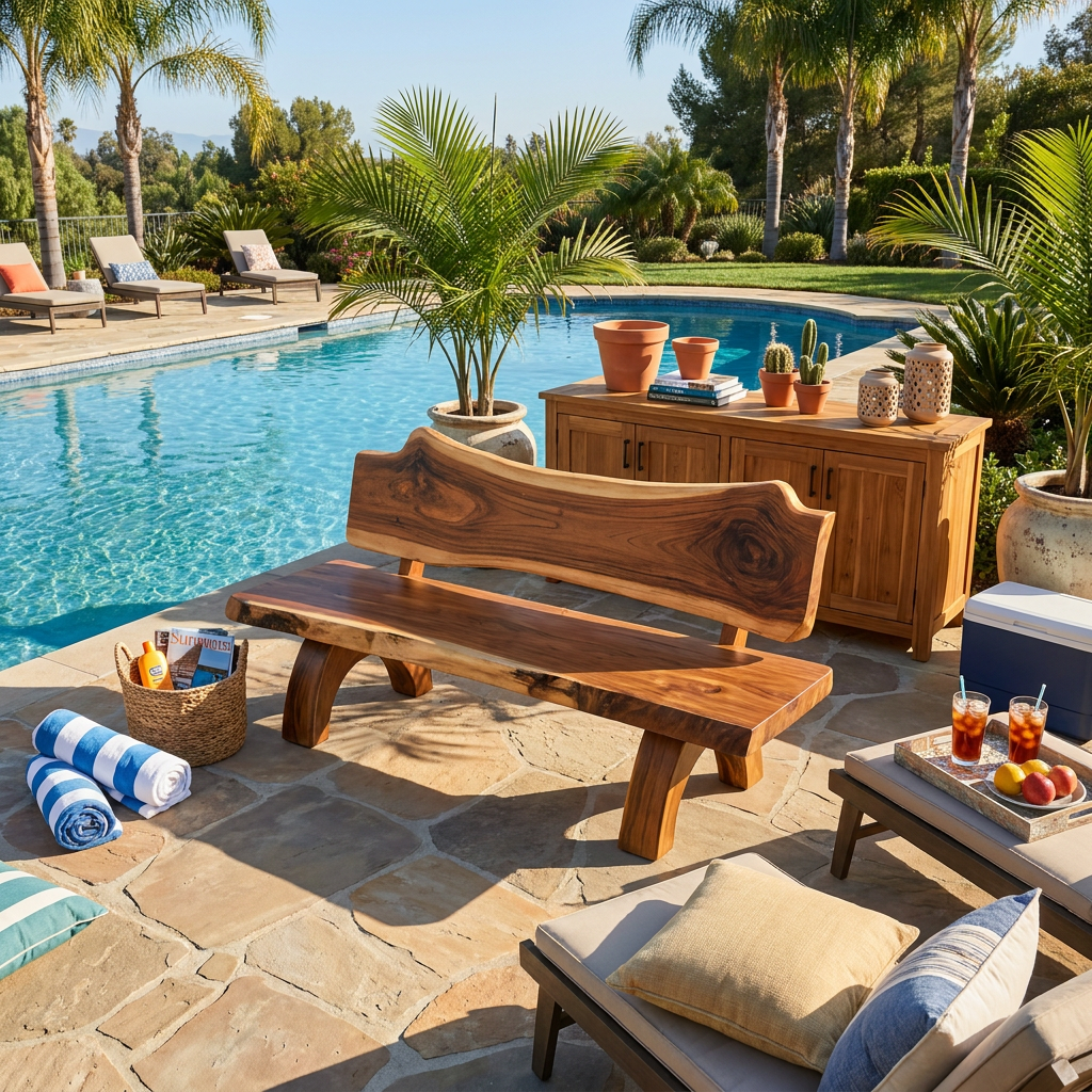 Rustic Live Edge Solid Wood Bench with Backrest for Patio - view 3