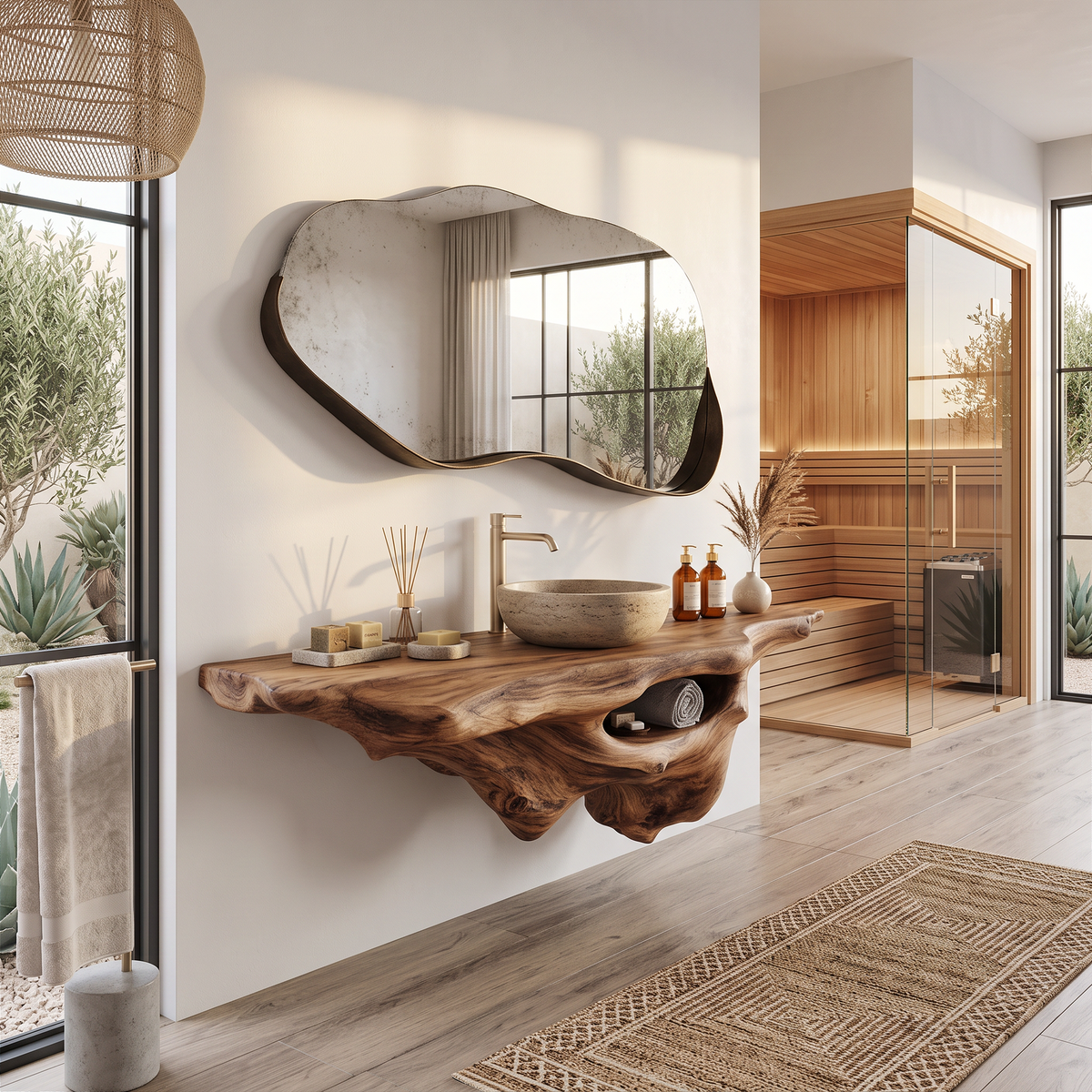 Solid Oak Live Edge Wall-Hung Bathroom Vanity Shelf, Farmhouse - view 3